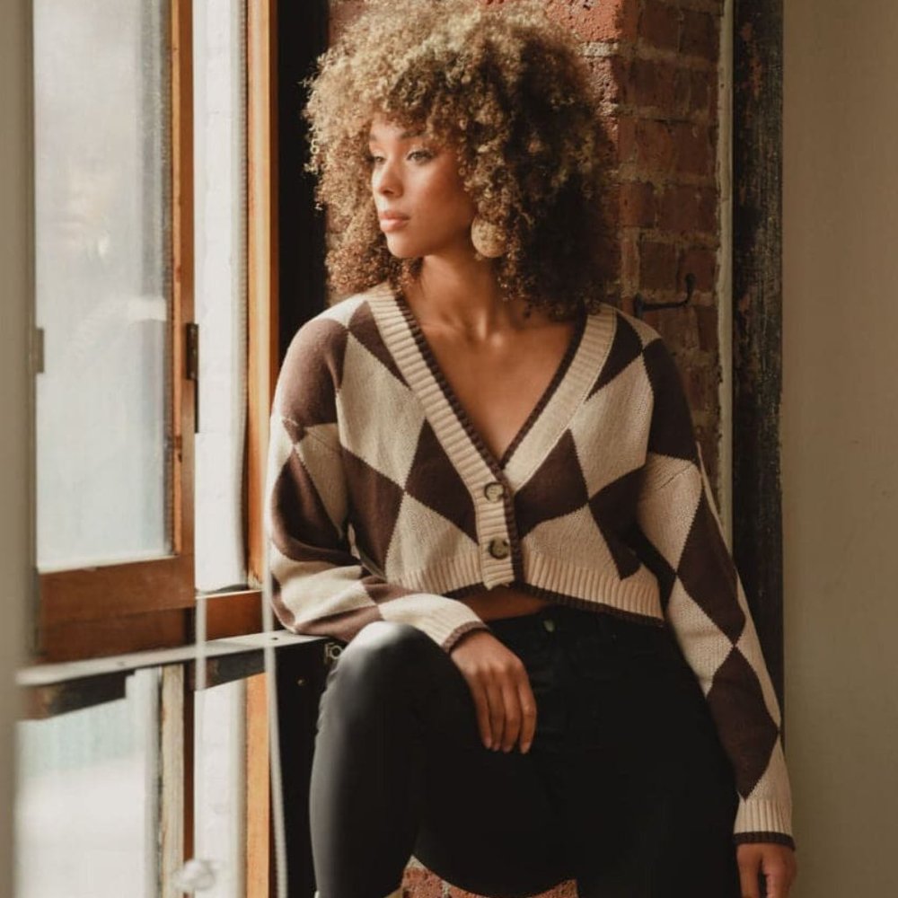 12th Tribe Kendra Brown Checkered Crop Sweater